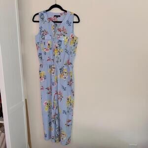 Spense Floral Blue and White Striped Jumpsuit Belt Loops and Pockets Vacation